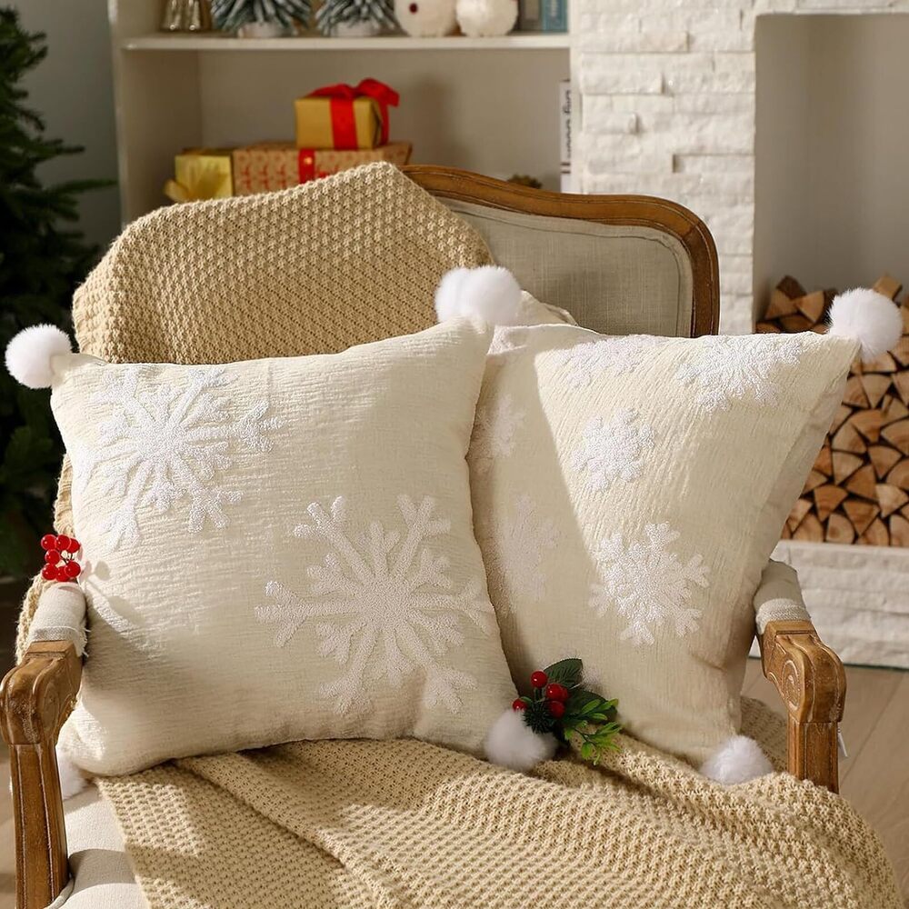 5002 Christmas Snowflake Throw Pillow Covers Set of 2, 18x18 Inch Cream